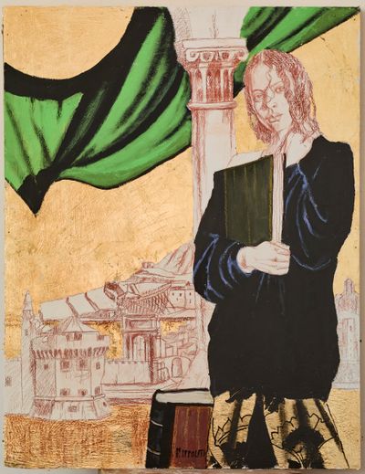 Immobile guardava il mare di Floriano Ippoliti, tecnica mista, sanguigna e foglia oro su tavola, 80x103 cm