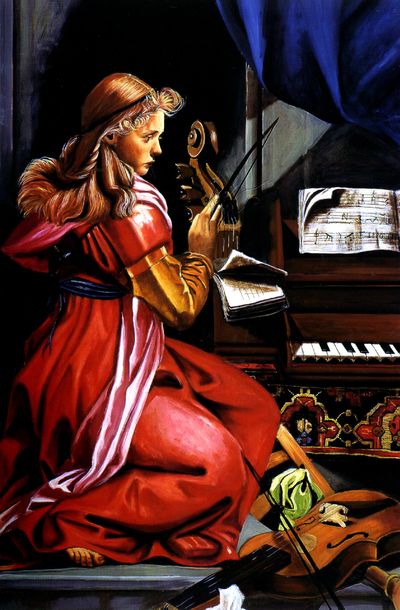 Suonatrice con spinetta di Floriano Ippoliti, olio su tela, 120x80 cm