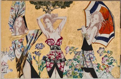 Ricordo di aver sognato un grande giardino...il mio giardino segreto. di Floriano Ippoliti, tecnica mista, sanguigna e foglia oro su tavola, 167,5x110 cm