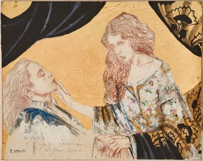 Nico vicino a me di Floriano Ippoliti, tecnica mista, sanguigna e foglia oro su tavola, 85x67,5 cm