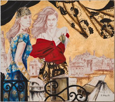 Veleggiava una nave di corallo sotto la bianca Ancona... di Floriano Ippoliti, tecnica mista, sanguigna e foglia oro su tavola, 120,5x107 cm